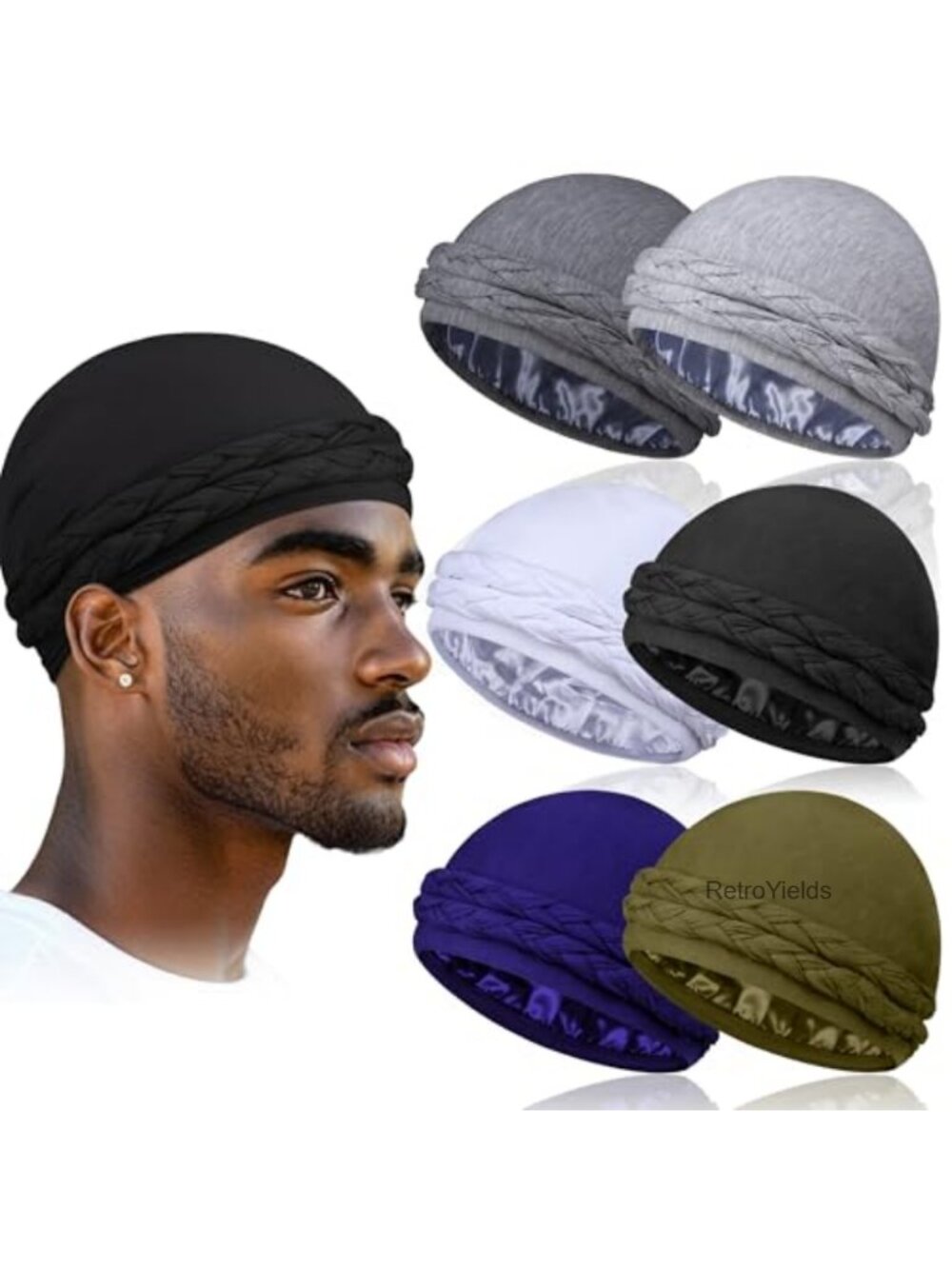 6 Pack Satin Lined Turbans for Men Pre-Tied Durag Hair Wrap